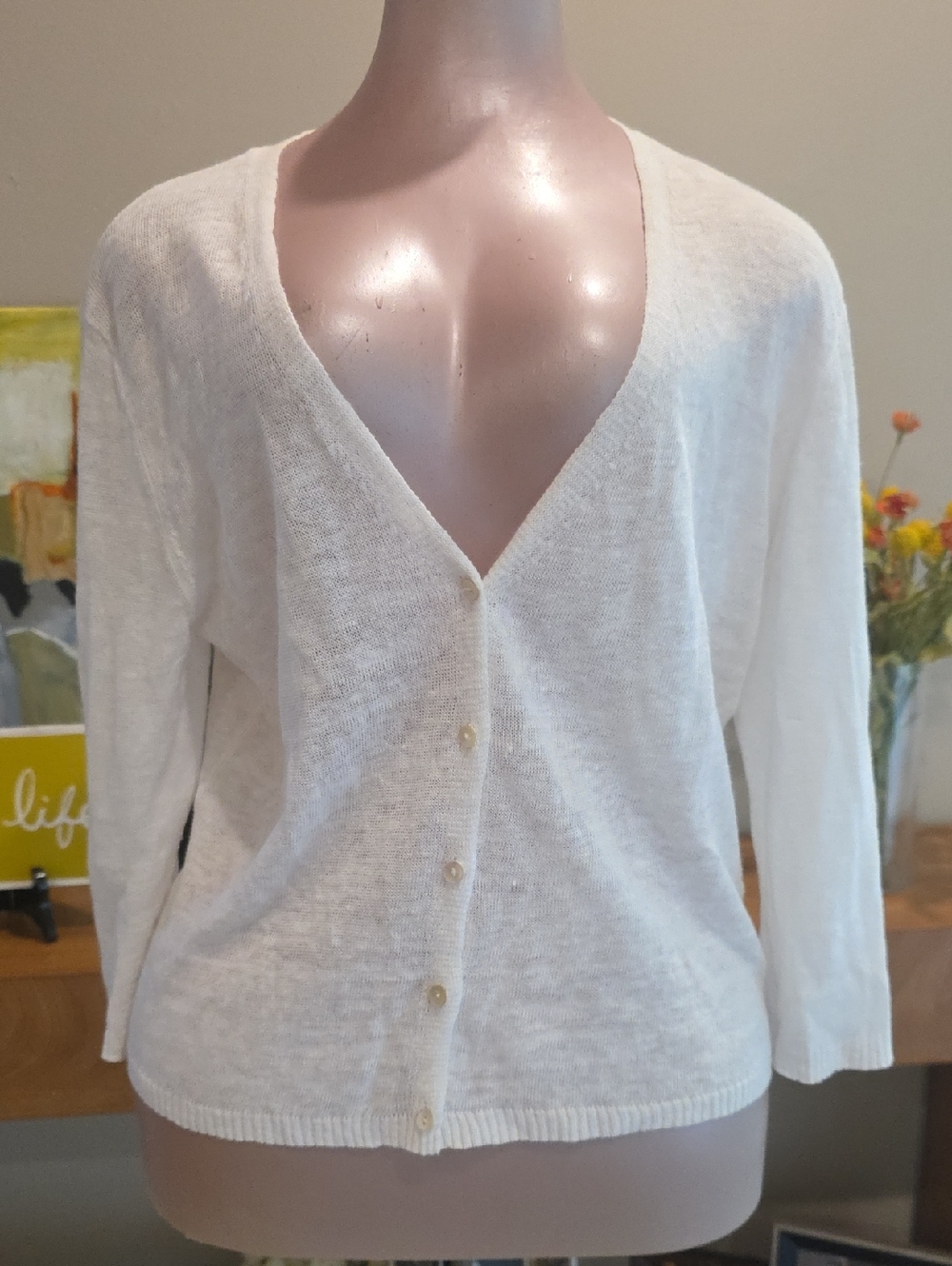 Eileen Fisher White V-Neck Button Front Cardigan Small 100% Linen